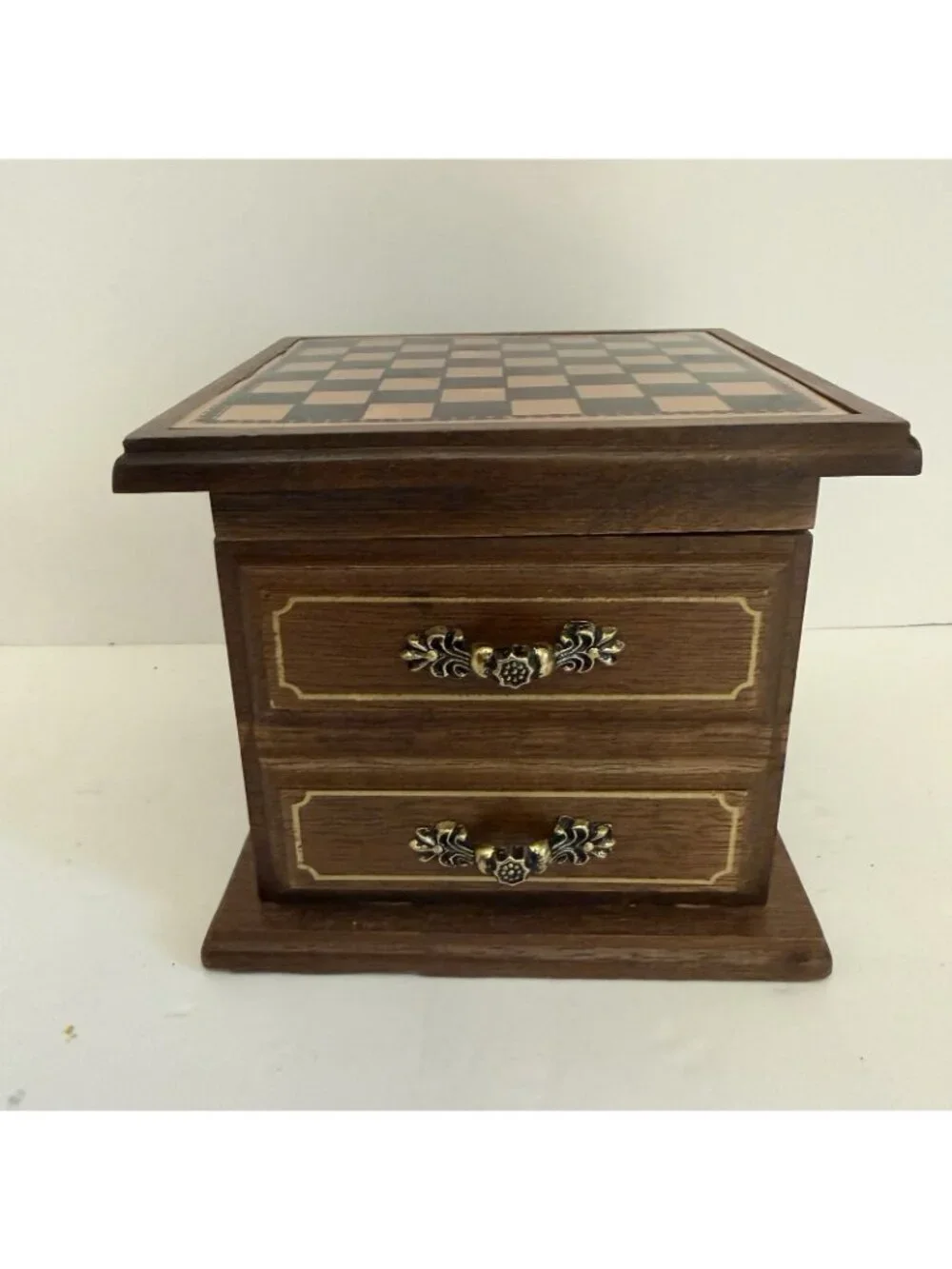 Vintage Enesco Wood Mini Game Cabinet Chess Checkers Darts Coasters Tabletop